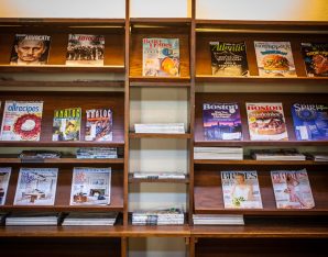 A picture of a magazines shelf.