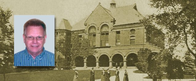 Old picture of the Nevins Library building with Walter "Red" Winn's picture inset