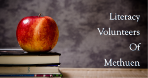 An apple sitting on a pile of three books with the captaion to the right of it that says "Literacy Volunteers of Methuen"