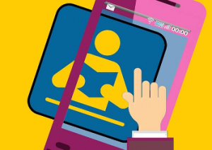 Drawing of a man swiping a larger than usual book reading icon onto a phone screen
