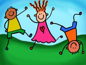 Painting in a basic way of Three kids doing cartwheels on grass