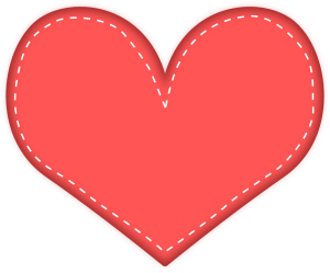 A red heart with white stitching lines around the edge