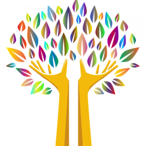 Two yellow colored hands that look like tree trunks, with rainbow colored leaves hovering above them