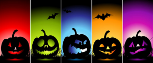 Five different colors with black pumpkins in each strip of color