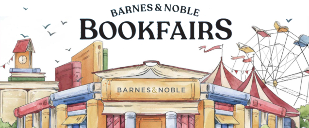 A drawing of a colorful building with the name Barnes & Noble on the front with the text Barnes & Noble Bookfairs above it