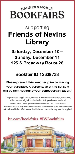 Barnes and Noble Bookfairs coupon with text at the top, and multicolored drawing of a barnes and noble building at the bottom.