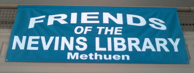 Friends of the Nevins Library Methuen Blue hanging banner