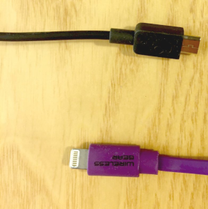 Black Android Charging cord and purple lightning charging cord