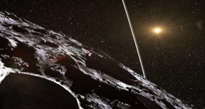 Asteroid with a sun like object in the far distance