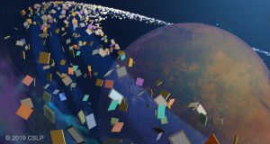 Books in a ring around a planet in space