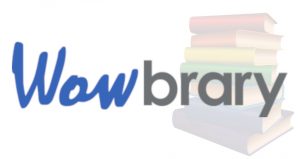 Wowbrary logo in front of pile of books that are the colors of the rainbow