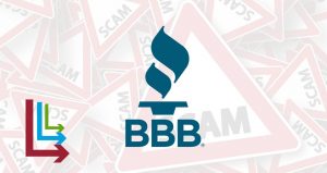 Better Business Bureau Logo on top of Scam Warning signs background