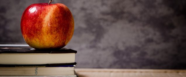 Apple on a pile of books with a chalkboard behind it