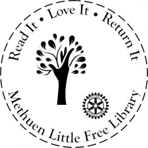 Nevins Memorial Library Little Free Library Book Stamp with NML Logo and Rotary International logo