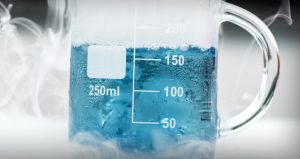 Super Cold blue colored Liquid making 'fog' in a 250ml beaker