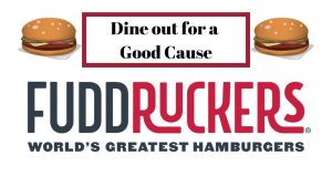 Fuddrucker's logo beneath two hamburgers and the words Dine Out for a Cause