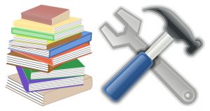 A pile of book next to a wrench and hammer crossed in an x shape