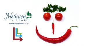Methuen Village Logo and Live Long and Learn logo to the right of a face made out of tomatoes and a chili pepper