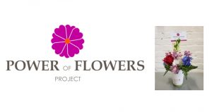 Power of Flowers Logo to the left of a picture of a Flower Arrangement