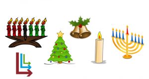 From left to right, a kwanza candle holder, the Live Long and Learn Logo, a christmas tree, two ringing bells, a solstice candle, and a menorah
