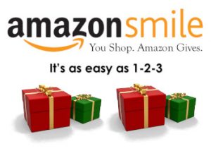 Amazon Smile Logo with text You Shop. Amazon Gives. It's as easy as 1 2 3 with four red and green presents underneath it