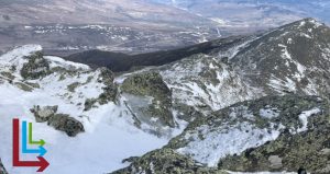 View out over the Presidentials in the White Mountains with a Live Long and Learn Logo overlayed in the left corner