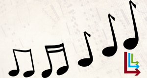 Variety of music notes across a faded yellow colored piece of music with the Live Long and Learn Logo overlayed in the bottom right corner