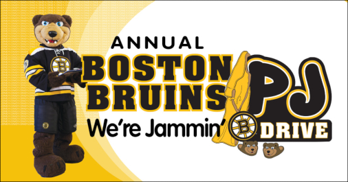 Blades standing next to the words Annual Boston Bruins PJ Drive We're Jammin'