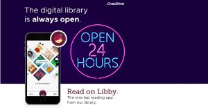 Purple and white background with a phone with Libby on it in the foreground and a neon light looking circle that says Open 24 hours