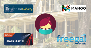 House in the background that is nearly transparent with Libby Logo, Mango Logo, Gale Logo, Freegal Logo, and Ancestry Logo inlaid over it