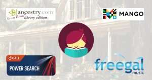 House in the background that is nearly transparent with Libby Logo, Mango Logo, Gale Logo, Freegal Logo, and Ancestry Logo inlaid over it
