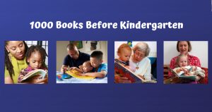 Graphic with four pictures in it. A mom and child reading, a father and two children reading, a grandmother and toddler reading, and a Mom and daughter reading
