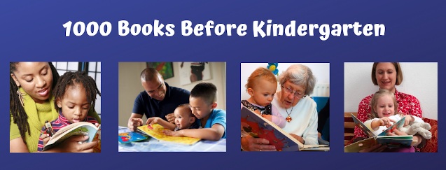 Graphic with four pictures in it. A mom and child reading, a father and two children reading, a grandmother and toddler reading, and a Mom and daughter reading