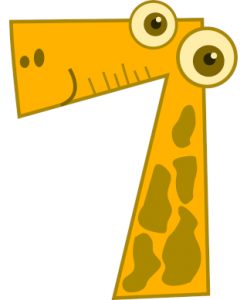 The number seven, with eyes on it and colored in yellow with giraffe like spots and a smile and nose holes