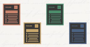 Four drawings of a resume, one in red, one in yellow, one in green, one in blue all on an off white background