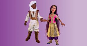 Arabian Prince and Arabian Princess Dolls touching hands on a purple background