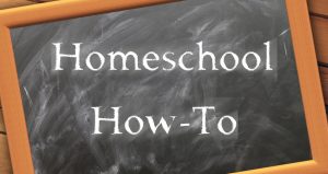 Chalkboard surrounded by a wooden border with Homeschool How-To written on it in chalk
