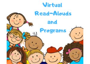 Simple Drawings of kids all looking towards the viewer, the words Virtual Read-Alouds and Programs in Blue above their heads