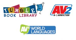 Tumble Book Library, AV2, and AV2 World Languages logos arrayed on a white background