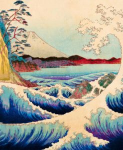 Asian style painting of waves and trees with a mountain in the background