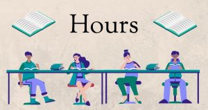 A drawing of four people sitting behind a table with the word Hours and two books above them