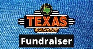 Texas Roadhouse Logo one blue denim background with the word Fundraiser below