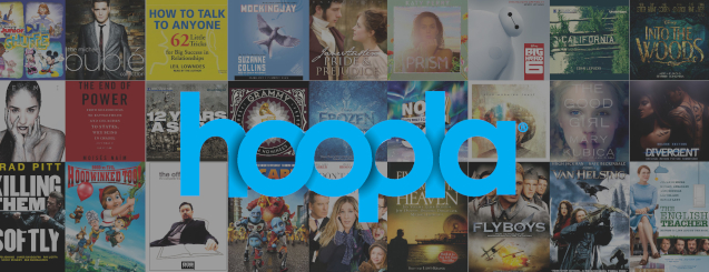 Hoopla logo on a background of dvd and book covers