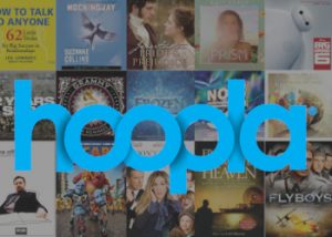 Hoopla logo on a collage of dvd covers