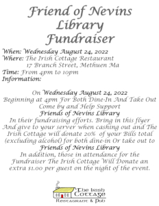 Scan of Friends of the Nevins Library Irish Cottage Fundraiser Flyer