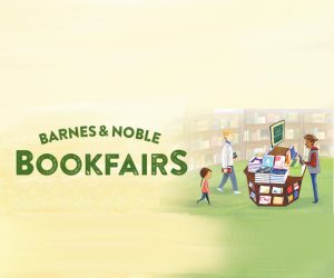 Words Barnes and Noble Bookfairs to the left and drawing of two people and a child looking at a display of books on the right