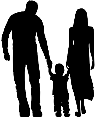 Male and Female shadow holding the hands of a small child shadow
