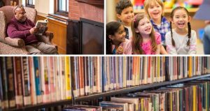 Three photos in a collage. Upper left a dark skinned man with glasses on the top of his head reading by a fireplace. Upper right, a group of children smiling. On the bottom shelves of books