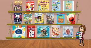 Three shelves of children's books with the drawing of a librarian holding a stack of books next to it