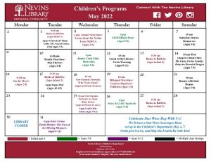Screencap of the May 2022 Children's Programs Calendar